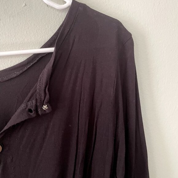 Classic black long sleeved button down v-neck top blouse comfortable knot detail - Picture 2 of 5
